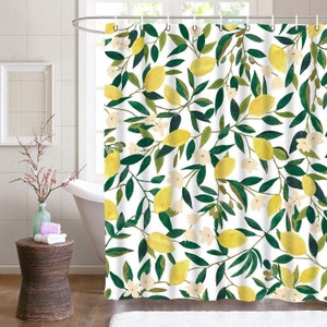 Lemon Shower Curtains,Fruits Shower Curtain Green Leaves Plant Design Waterproof Fabric Bathroom Shower Curtain Set with 12 Hooks