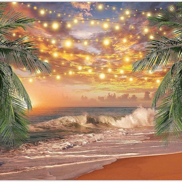 Tropical Sea Summer Backdrop Palm Tree Sunset Beach Hawaii Scenery Background Birthday Wedding Holiday Aloha Baby Shower Party Supplies