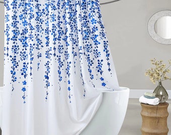 Blue Flower White Shower Curtains With 12 Hooks Waterproof Modern Shower Curtain Fabric Bathroom Curtain Bathroom Decor Custom Curtain