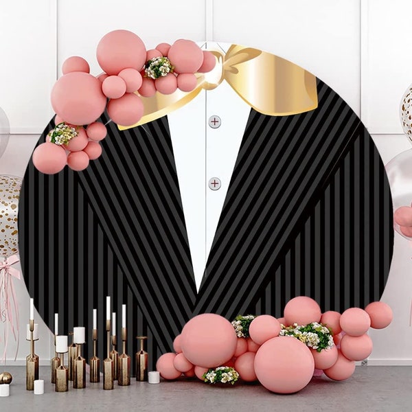 Black Tuxedo Round Backdrop Striped Suits Shirts Bowtie Photography Background For Adult Men Boy Birthday Party Decor Custom Backdrop