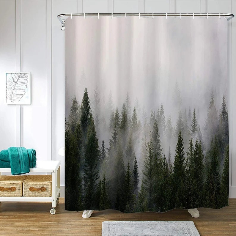 Foggy Forest Set With 12 Hooks Misty Waterproof For Tree Stall Shower Curtain 