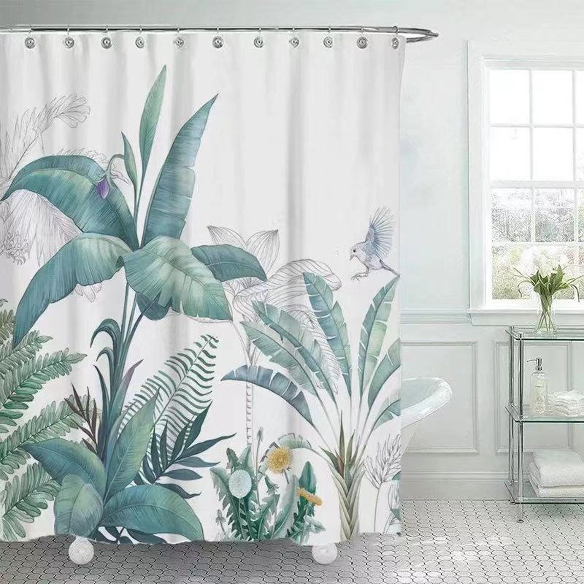Green Plant Leaf Shower Curtain Set With Hooks Print Floral Etsy