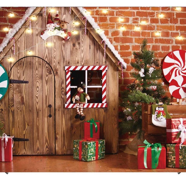 Photographie de Noël Toile de fond Maison en bois Candy Tree et cadeaux pour enfants Portrait Photo Studio Booth Photographe Accessoires Décoration de Noël