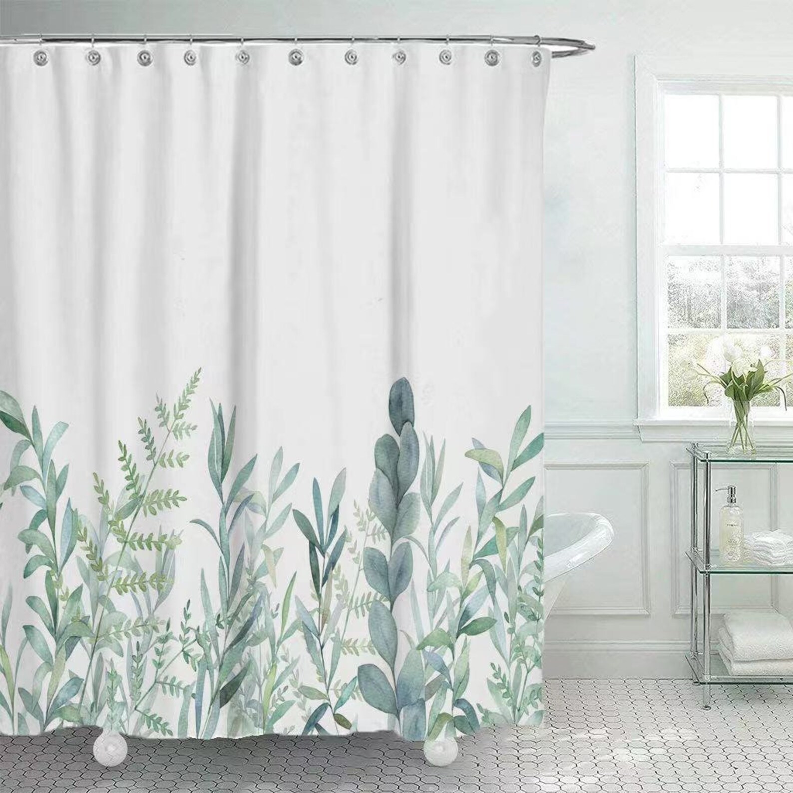 Green Plant Leaf Shower Curtain Set With Hooks Print Floral Etsy