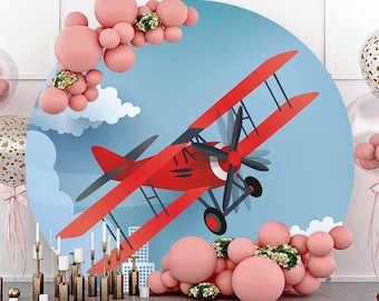 Red Plane Round Backdrop Flying Airplane Clouds Sky City Backdrop For Birthday Circle Background For Newborn Baby Shower Kids Party Decor