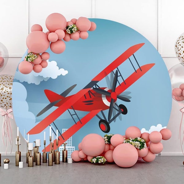 Red Plane Round Backdrop Flying Airplane Clouds Sky City Backdrop For Birthday Circle Background For Newborn Baby Shower Kids Party Decor