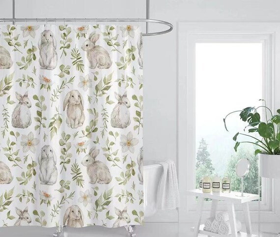 Cute Rabbit Shower Curtain Set With 12 Hooks Modern Fabric Waterproof  Shower Curtain Animal Shower Curtain Bathroom Curtain 