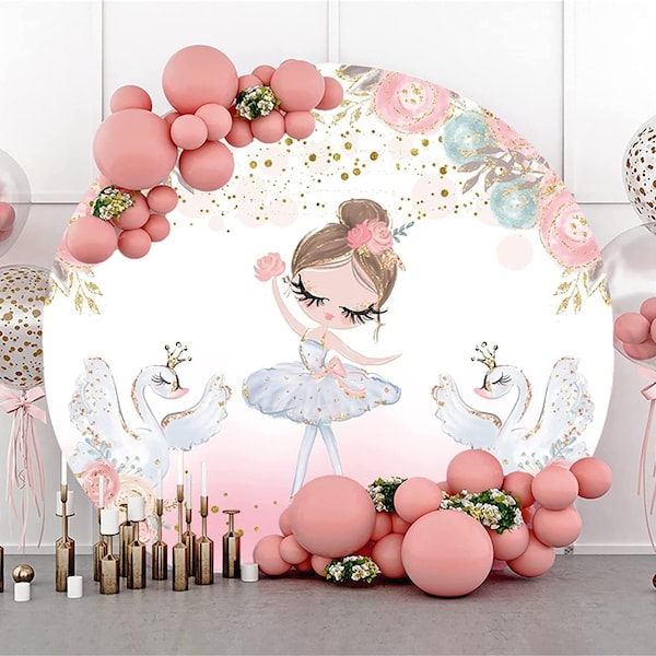 Ballet Girl Round Backdrop Dance Girl Swan Party Photography Background Glitter Sweet Pink Floral Ballet Tutu Ballerina Birthday Party Props