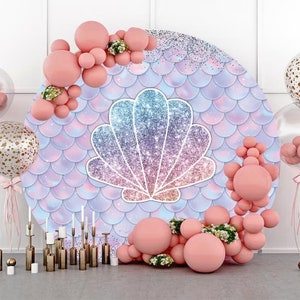 Mermaid Scales Glare Round Backdrop Glittering Mermaid Scales Corals Background for Baby Shower Newborn Party Banner Custom Backdrop