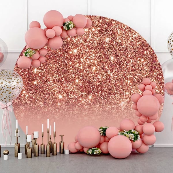 Rose Gold Round Backdrop Cover,Circle Round Backdrop Seamless Edge Elastic Round Backdrop,Glitter Backdrop for Wedding Birthday Party Decor