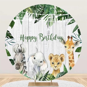 White Wood Wall Round Backdrop Jungle Safari Animals Party Round Backdrop Circle Photo Background For Baby Shower Newborn Party Decor