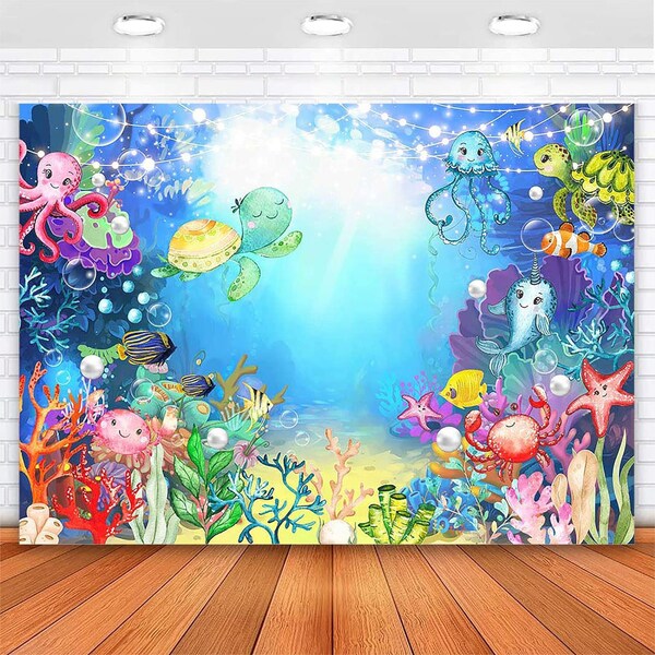 Under The Sea Backdrop Fish Blue Ocean Photography Background for Ocean Themed Party,Banner Party Kid Cake Table Decoration