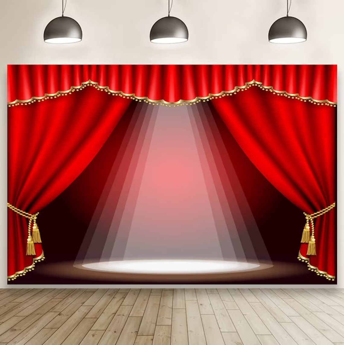 Red Theater Stage Photography Backdrop Lights Curtains Etsy