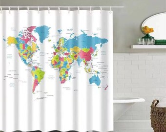 Map Shower Curtain Set with Hooks Fabric World Map Shower Curtain For Home Decor World Map Curtain Waterproof Shower Curtain