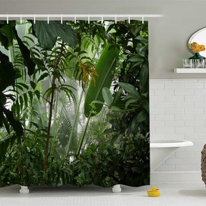 Watercolor Tropical Plants Decor Jungle Green Banana Leaves Shower Curtain,Polyester Fabric Bathroom Curtain Set with 12 Hook Custom Curtain