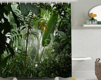 Watercolor Tropical Plants Decor Jungle Green Banana Leaves Shower Curtain,Polyester Fabric Bathroom Curtain Set with 12 Hook Custom Curtain