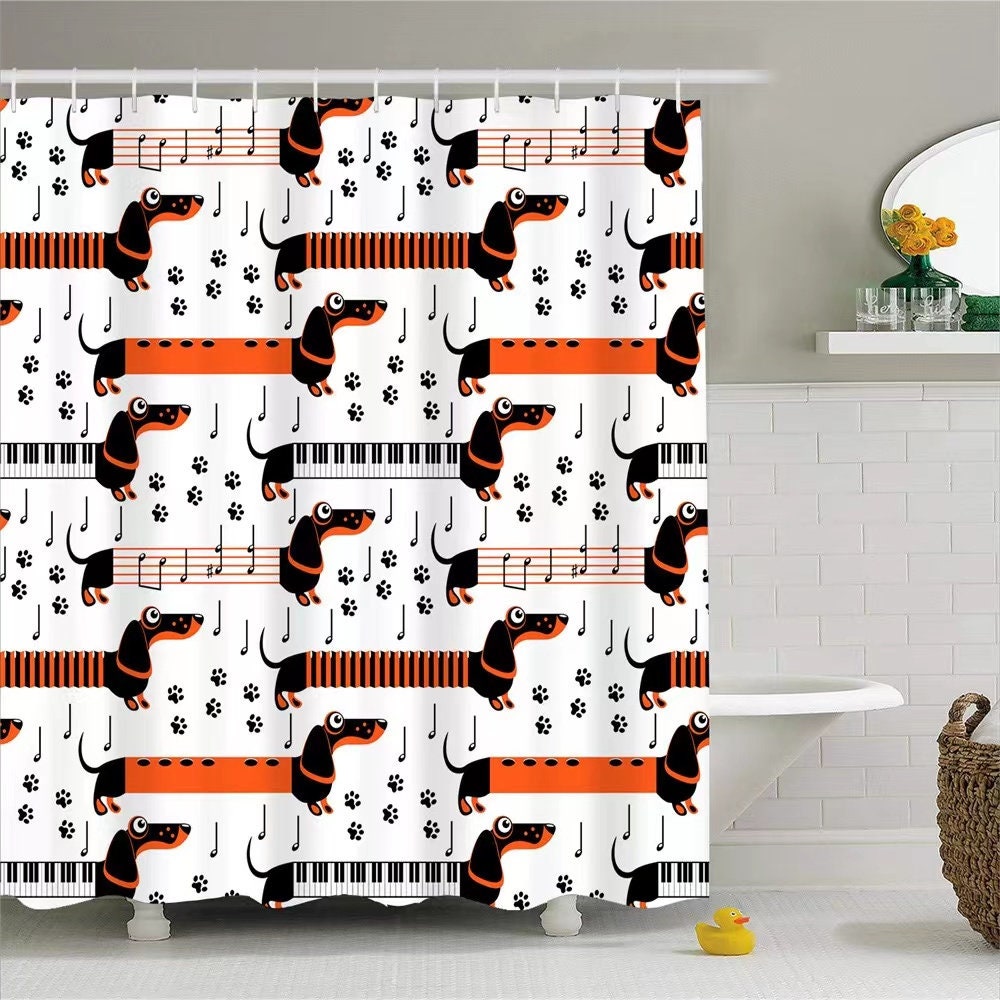 Cute Cat Fabric Shower Curtain Set Bathroom Decor Waterproof Washable 12 Hooks 