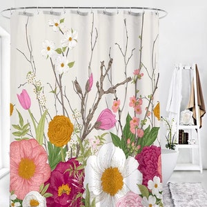 Botanical Shower Curtain Floral Shower Curtain Modern Shower Curtains Waterproof Fabric Bathroom Curtain Set with 12 Hooks Home Decor