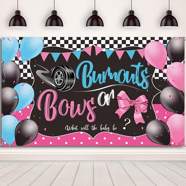 Burnouts or Bows Gender Reveal Backdrop Boy or Girl He or She Baby Shower Banner Photography Background Party Supplies Custom Backdrop