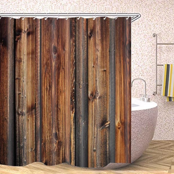 Farmhouse Western Brown Primitive Wood Shower Curtain Rural Life Shower Curtains Barn Door Shower Curtains Waterproof Polyester with 12 Hook