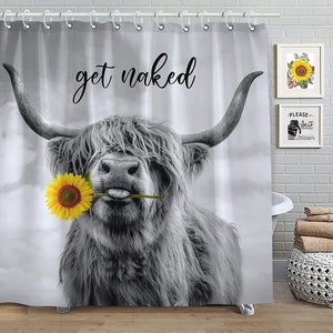 Highland Cow Shower Curtain Funny Farmhouse Animal Bull Get Naked Shower Curtain Sunflower Fabric Bathroom Curtain with 12 Hooks