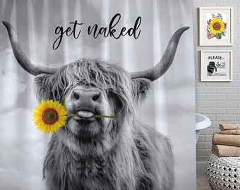 Highland Cow Shower Curtain Funny Farmhouse Animal Bull Get Naked Shower Curtain Sunflower Fabric Bathroom Curtain with 12 Hooks