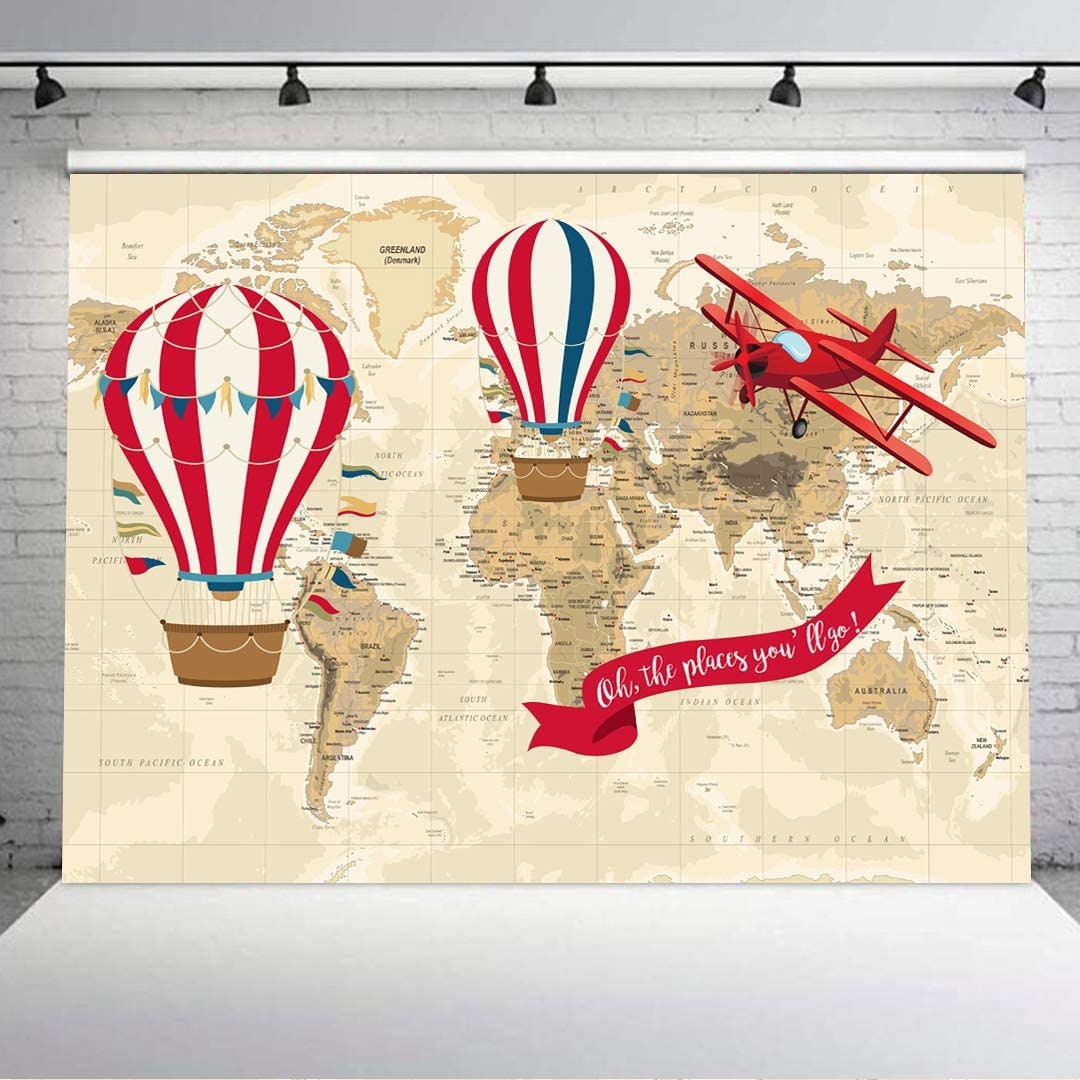 Hot Air Balloon Vintage Airplane Backdrop Backdrops World Map Etsy