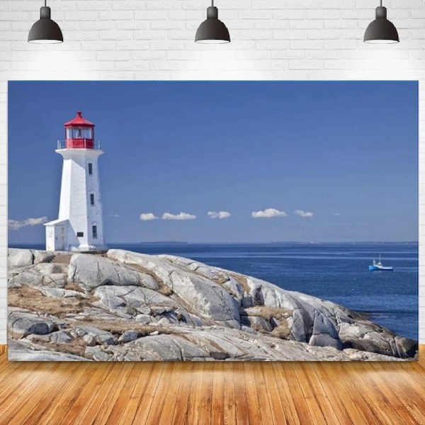Nautical Theme Lighthouse Backdrop Travel Seaside Rock Scene Blue Water Sky Cloud Photography Background Custom Backdrop