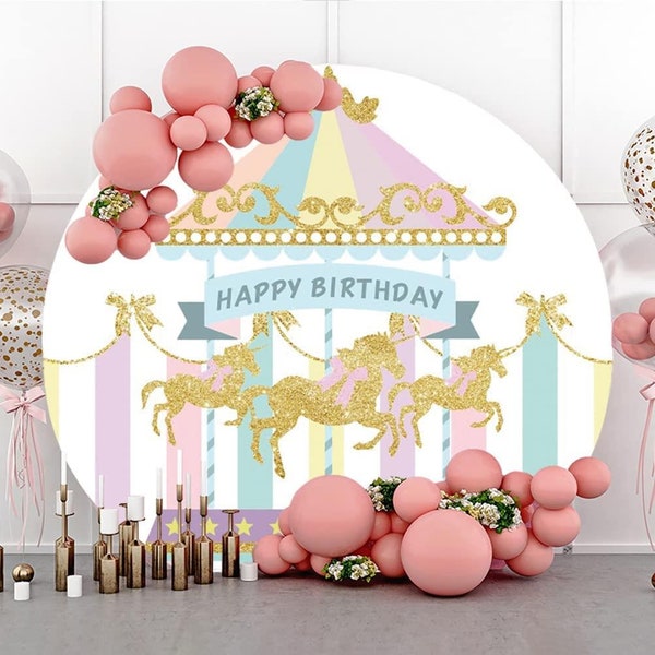 Carousel Round Backdrop Cover Backdrop Happy Birthday Photography Background Pink Striped Tent Golden Horses Baby Shower Party Decor