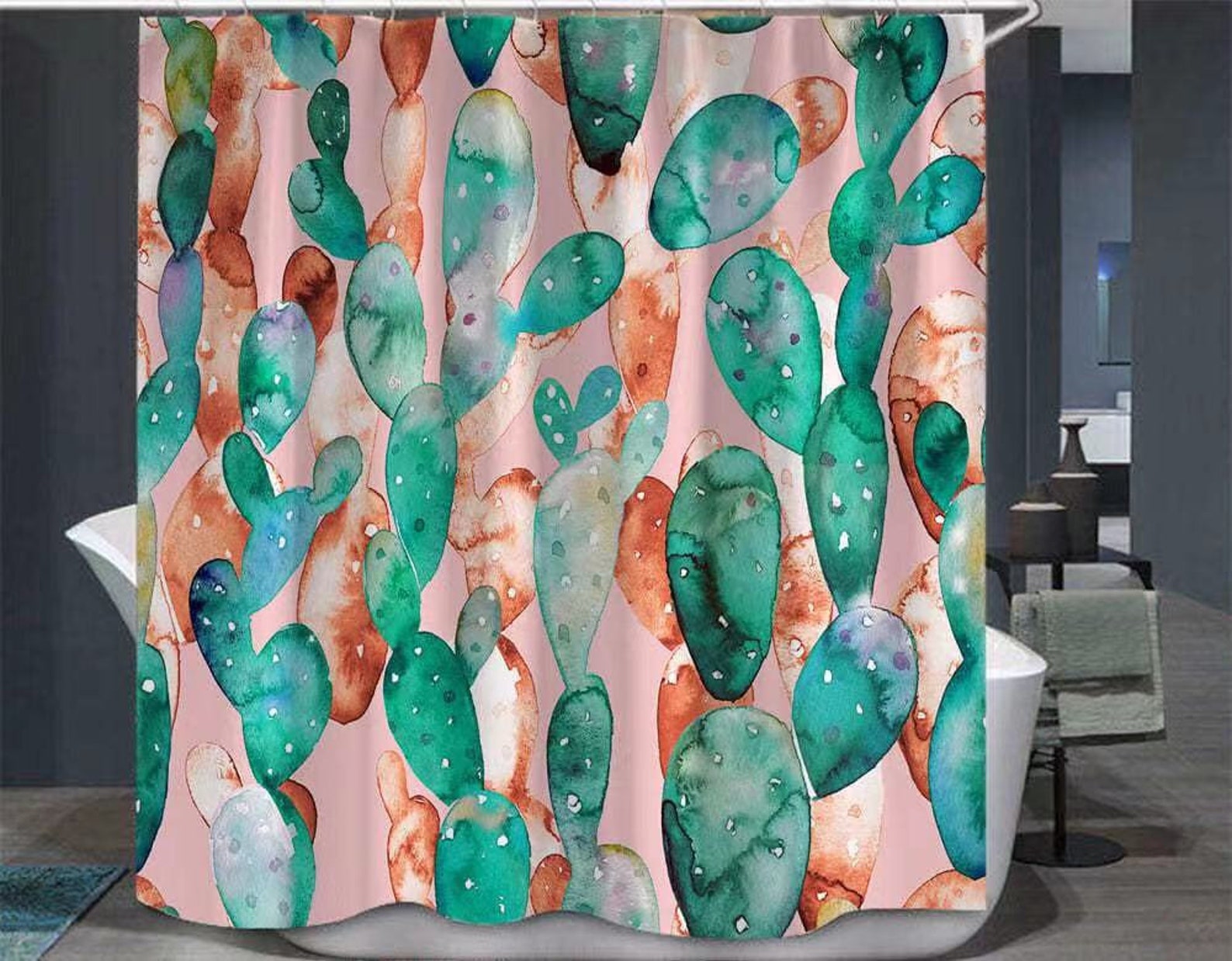 Green Succulents Cactus Shower Curtain Bathroom Curtain Etsy