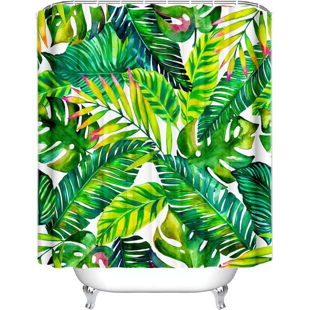 Tropical Leaves Bathroom Decor Polyester Waterproof Fabric Shower Curtain Hooks 