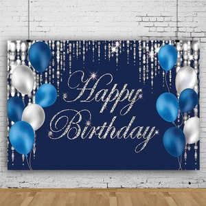 Navy Blue and Silver Birthday Backdrop Happy Birthday Banner Photo Studio Backdrop Party Supplies Photography Background Custom Backdrop