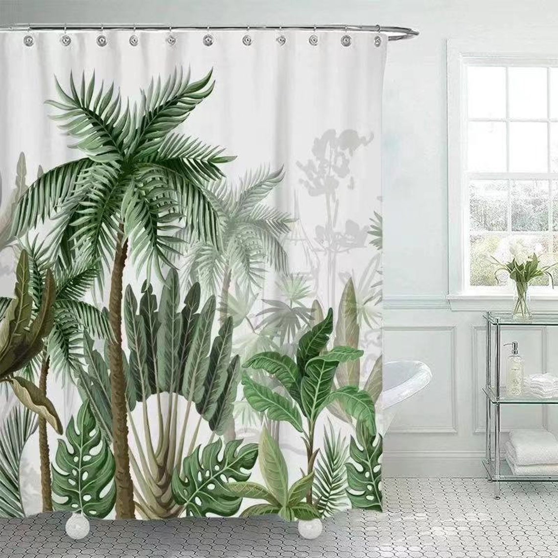 Green Plant Leaf Shower Curtain Set With Hooks Print Floral Etsy