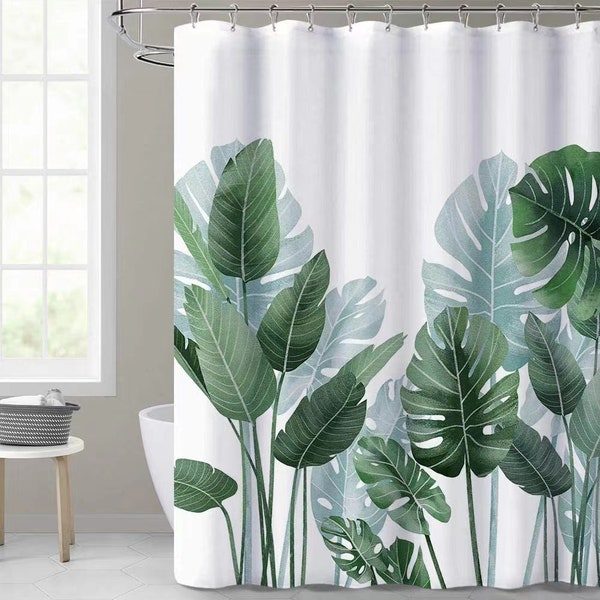 Tropical Greenery Leaves Plant Shower Curtain Waterproof Fabric Shower Curtain Set 12 Hooks Polyester Plants Jungle Curtain Bathroom Curtain