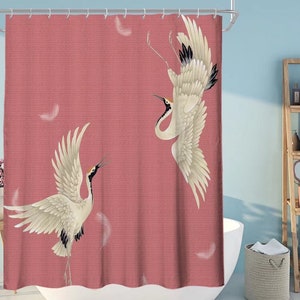 Crane Shower Curtain Set with 12 Hooks Fabric Waterproof Shower Curtain Birds Shower Curtain Pink Background For Bathroom Decor