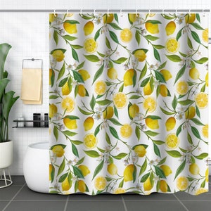 Yellow Lemon Shower Curtains,Fruits Lemon Shower Curtain Green Leaves Plant Design Waterproof Bathroom Curtain Set with 12 Hooks