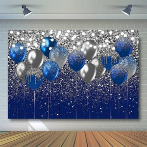 Happy Birthday Backdrop Banner, Navy Blue and Silver Glitter Birthday Party