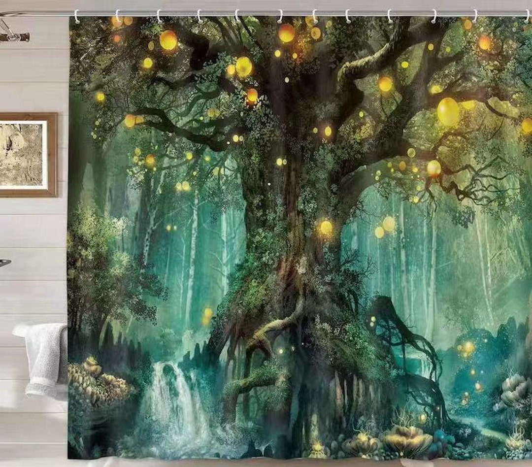 Forest Shower Curtain With 12 Hooks Waterfalls Old Tree Bohemian Landscape Waterproof Fabric