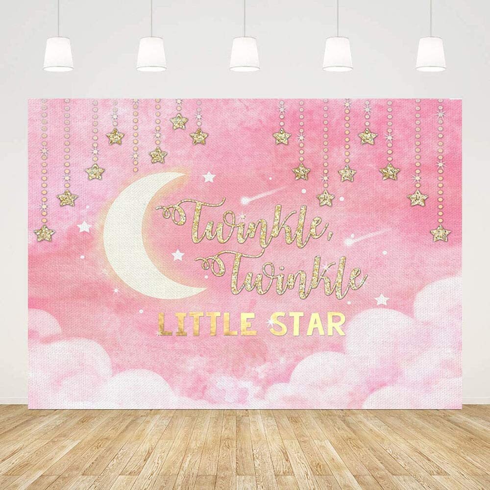 Twinkle Little Star Baby Shower Decor Backdrop Cloth for Girl Pink Party Banner Glitter Gold Little Star Moon Pink Cloud