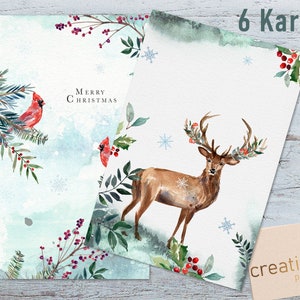 6 Weihnachtskarten Woodland Weihnachtskarte mit Tiermotiv Postkarte Merry Christmas Weihnachtspost Postkarten Bild 3