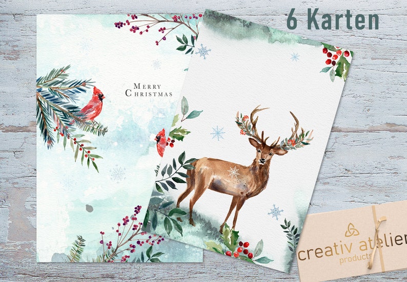 6 Weihnachtskarten Woodland Weihnachtskarte mit Tiermotiv Postkarte Merry Christmas Weihnachtspost Postkarten Bild 3