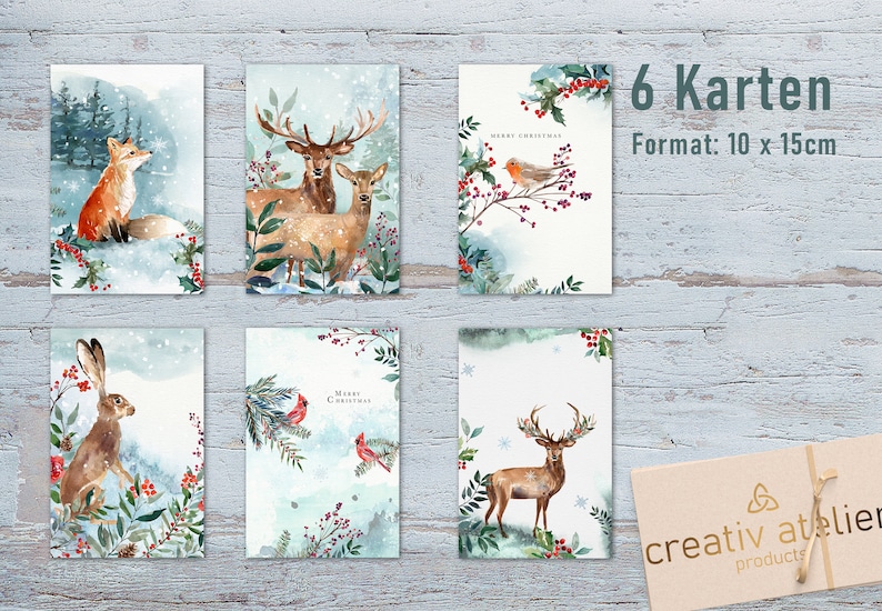 6 Weihnachtskarten Woodland Weihnachtskarte mit Tiermotiv Postkarte Merry Christmas Weihnachtspost Postkarten Bild 4