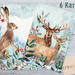 6 Weihnachtskarten Woodland Weihnachtskarte mit Tiermotiv Postkarte Merry Christmas Weihnachtspost Postkarten Bild 2
