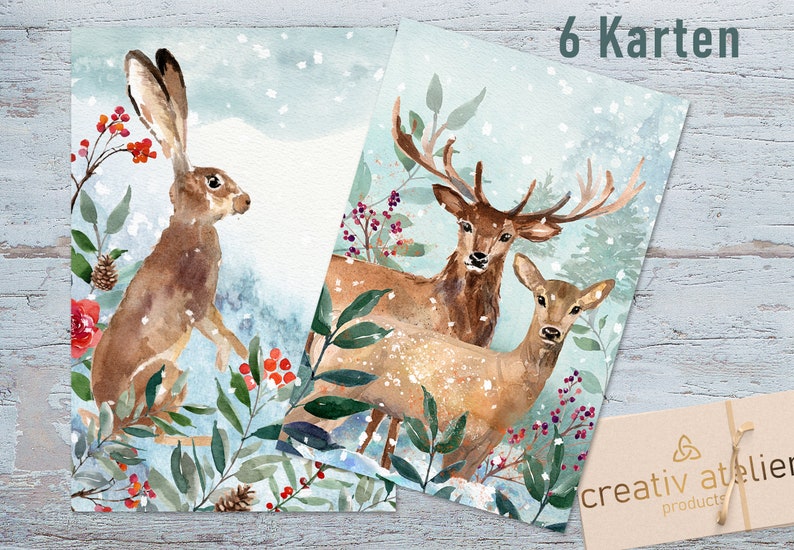 6 Christmas cards Woodland Christmas card with animal motif Postcard Merry Christmas Christmas mail Postcards image 2