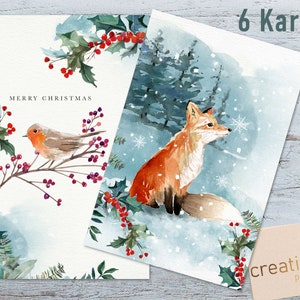 6 Weihnachtskarten - Woodland - Weihnachtskarte mit Tiermotiv - Postkarte - Merry Christmas - Weihnachtspost - Postkarten