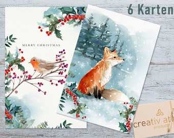 6 Weihnachtskarten - Woodland - Weihnachtskarte mit Tiermotiv - Postkarte - Merry Christmas - Weihnachtspost - Postkarten