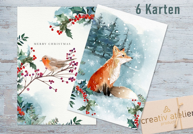 6 Weihnachtskarten Woodland Weihnachtskarte mit Tiermotiv Postkarte Merry Christmas Weihnachtspost Postkarten Bild 1