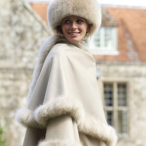 Taupe Luxury Kusi Fur Trimmed Alpaca Wool Cape | Ethically + Sustainably Made in Peru | Lacorine