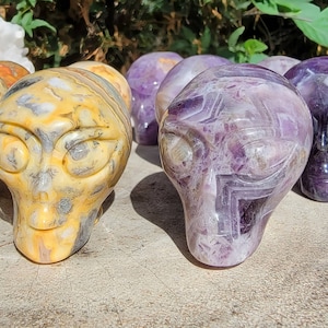 May include: Two carved crystal skull figurines. One is yellow and white with brown markings, the other is purple with white markings.