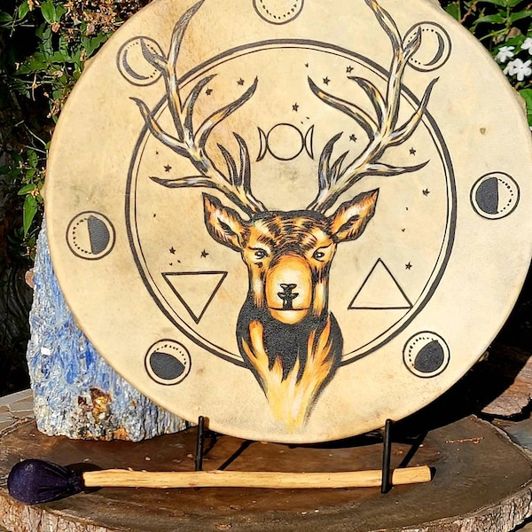 Stag Moonphase Ceremonial Drum, Handcrafted Stag Moonphase Ceremonial Drum, a Must-Have for Drum Circles and for Enhancing your Practice